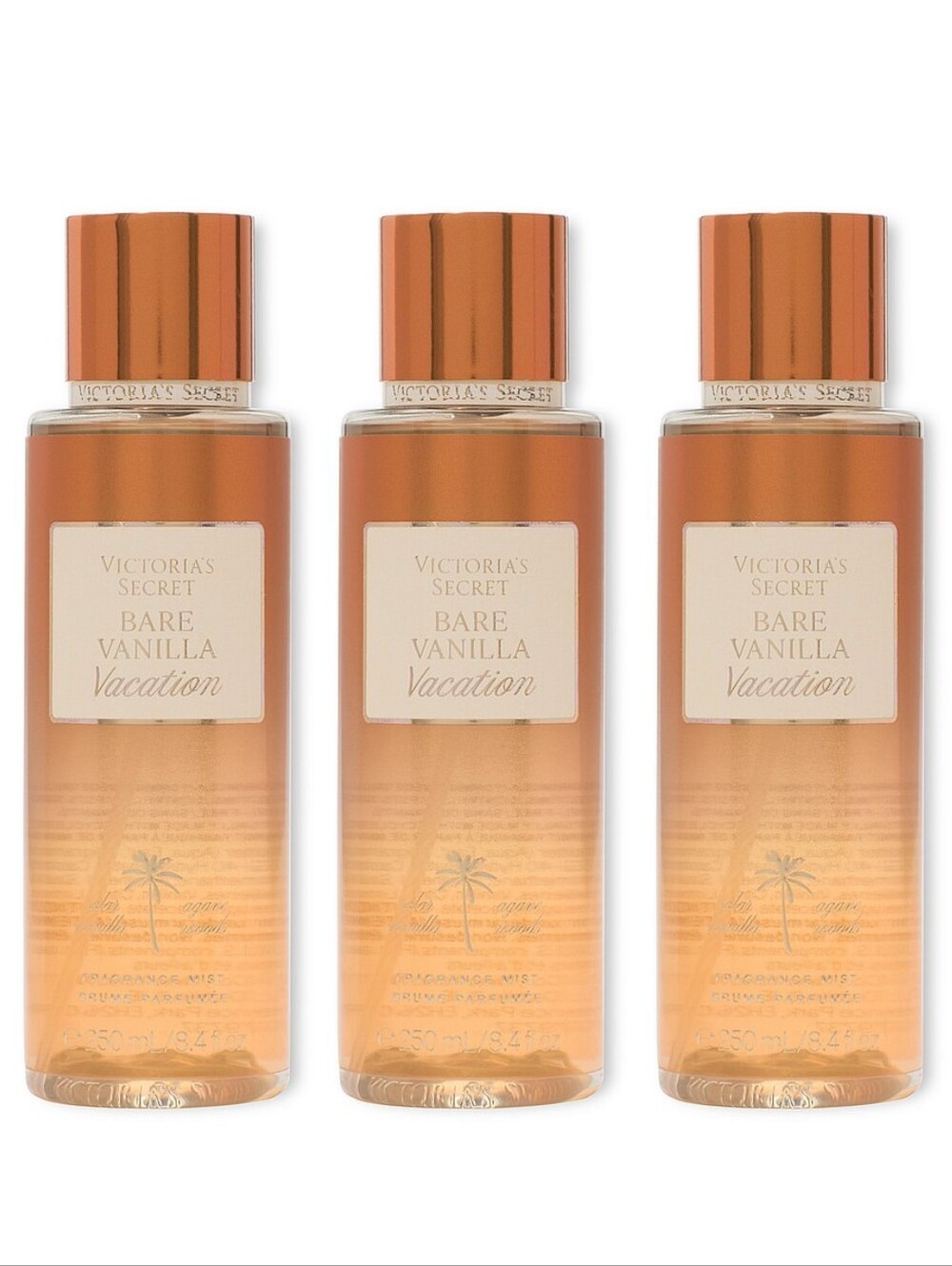 Victoria's Secret Bare Vanilla Vacation Fragrance Body Mist Set of 3 NEW